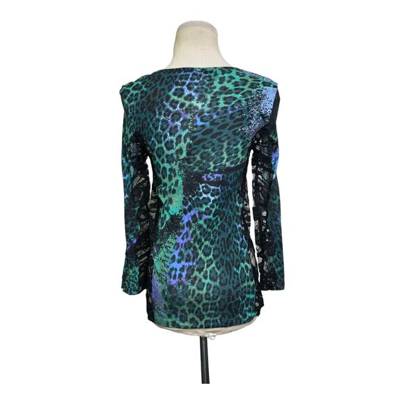 Emilio Pucci Green Purple Animal Print Lace Detail 3/4 Sleeve Top Sz US 6 - Picture 10 of 16